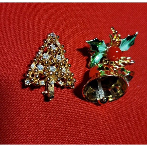 Christmas Pins/ Brooches Set of 2 - Christmas Bell, Christmas Tree - Picture 2 of 9